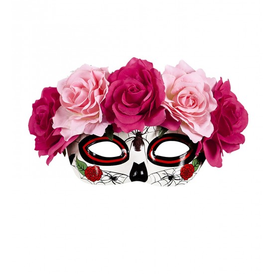 Μάσκα Ματιών Dia De Los Muertos με φουξ ροζ τριαντάφυλλα