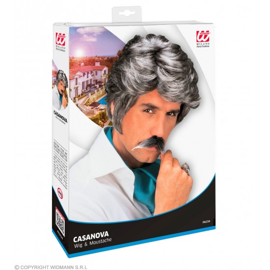 Περούκα Καζανόβα Γκρι με Μουστάκι