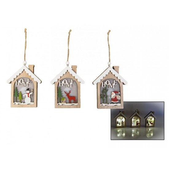 Στολίδι Ξύλινο κρεμαστό Σπιτάκι με φως 14cm 